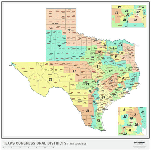 Texas 2022 Congressional Districts Wall Map By Mapshop The Map Shop