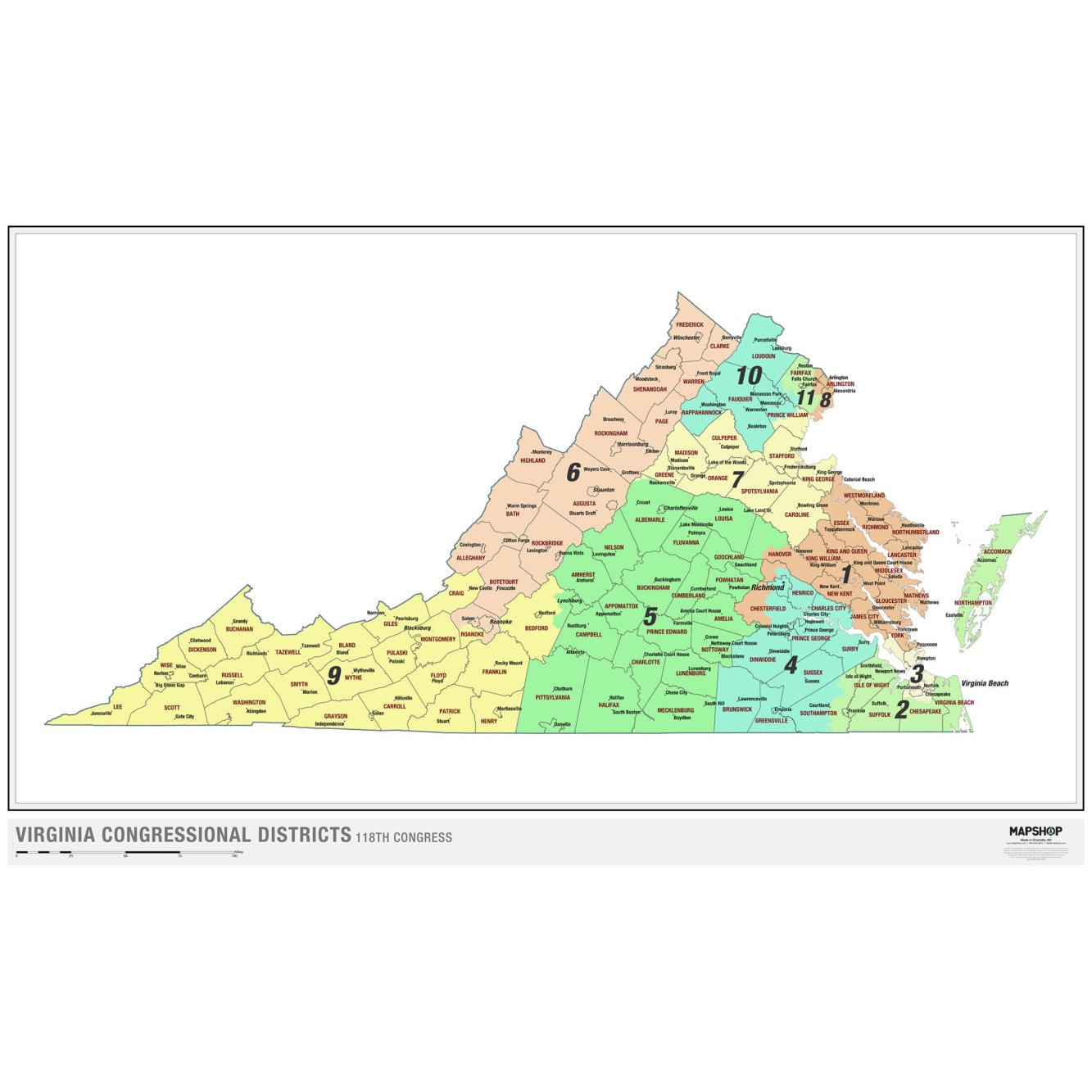 Virginia 2022 Congressional Districts Wall Map by The Map Shop