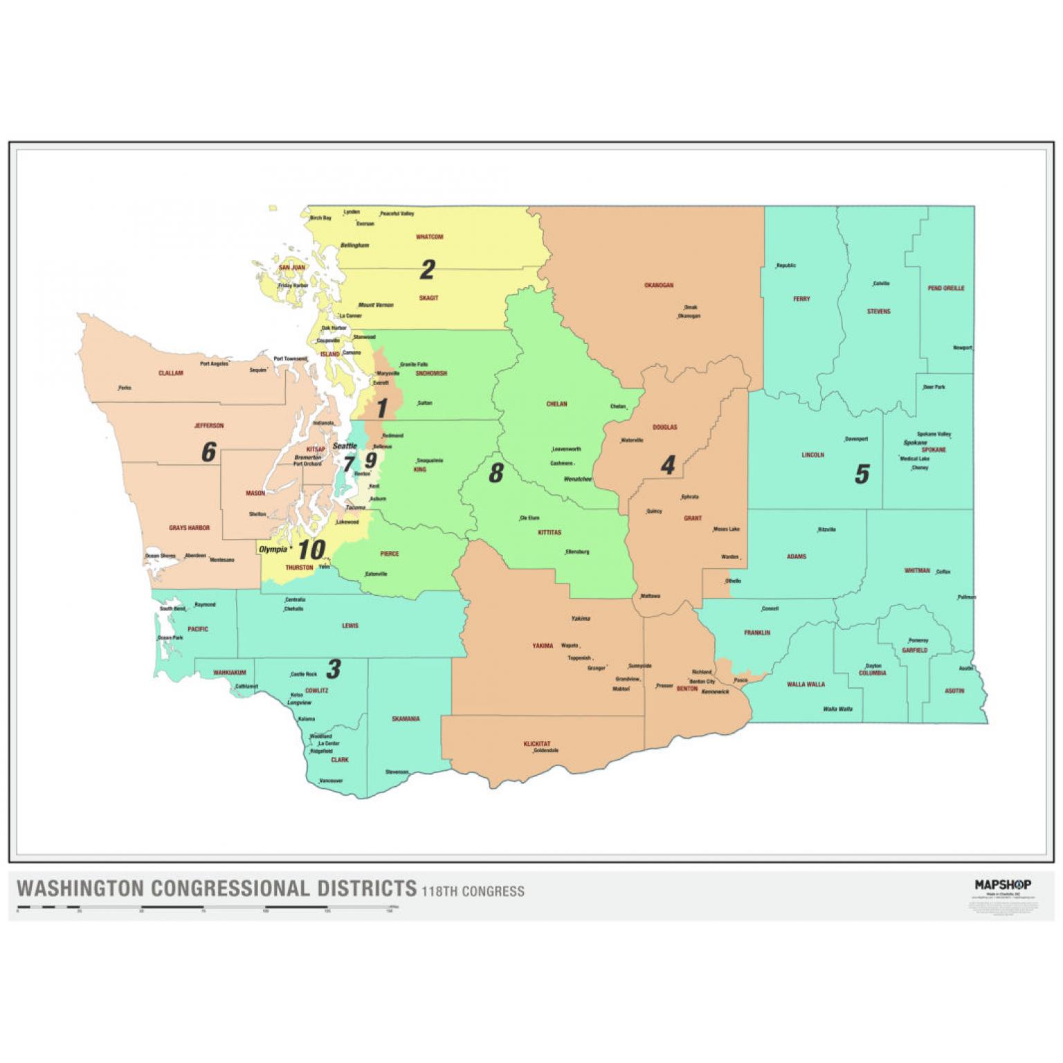 Washington 2022 Congressional Districts Wall Map by MapShop - The Map Shop