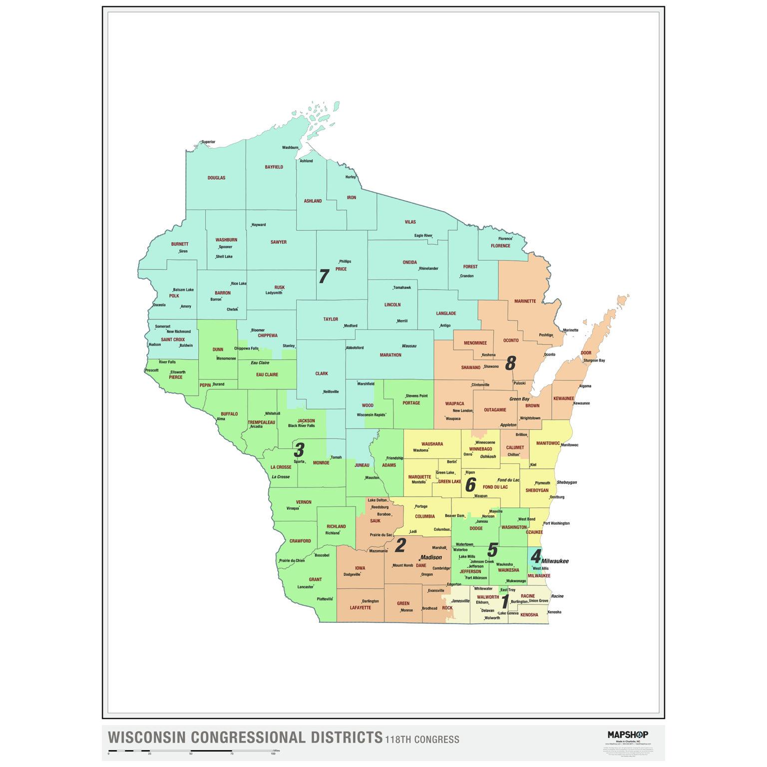 Wisconsin 2022 Congressional Districts Wall Map by The Map Shop