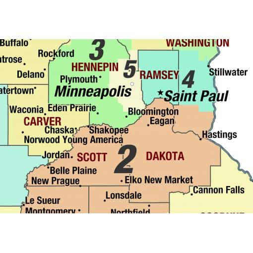 Minnesota state map highlighting counties and cities with detailed regional information.