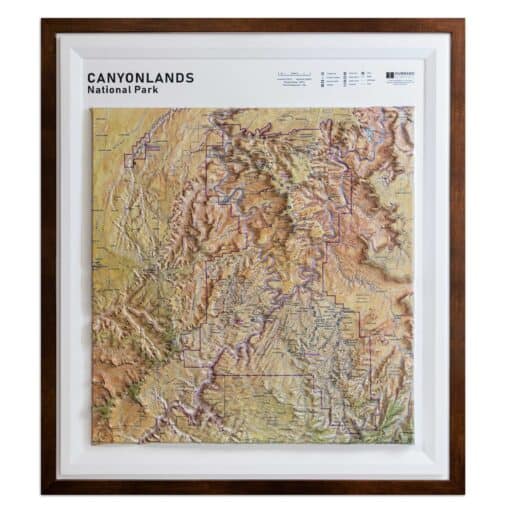 Color topographic map of Canyonlands National Park, Utah, with detailed terrain features, trails, and park boundaries, framed for display.