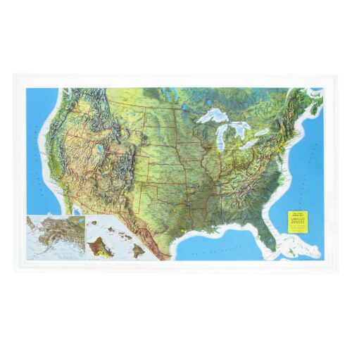 High-quality United States relief map showing state boundaries, major cities, rivers, and topography, ideal for educational, travel planning, and geographic reference purposes.
