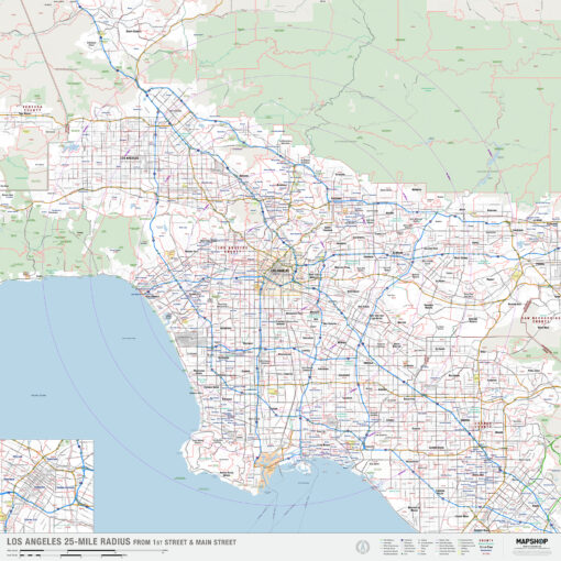 Los Angeles, CA 25-Mile Radius Wall Map by MapShop