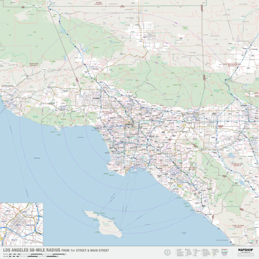 Los Angeles, CA 50-Mile Radius Wall Map by MapShop