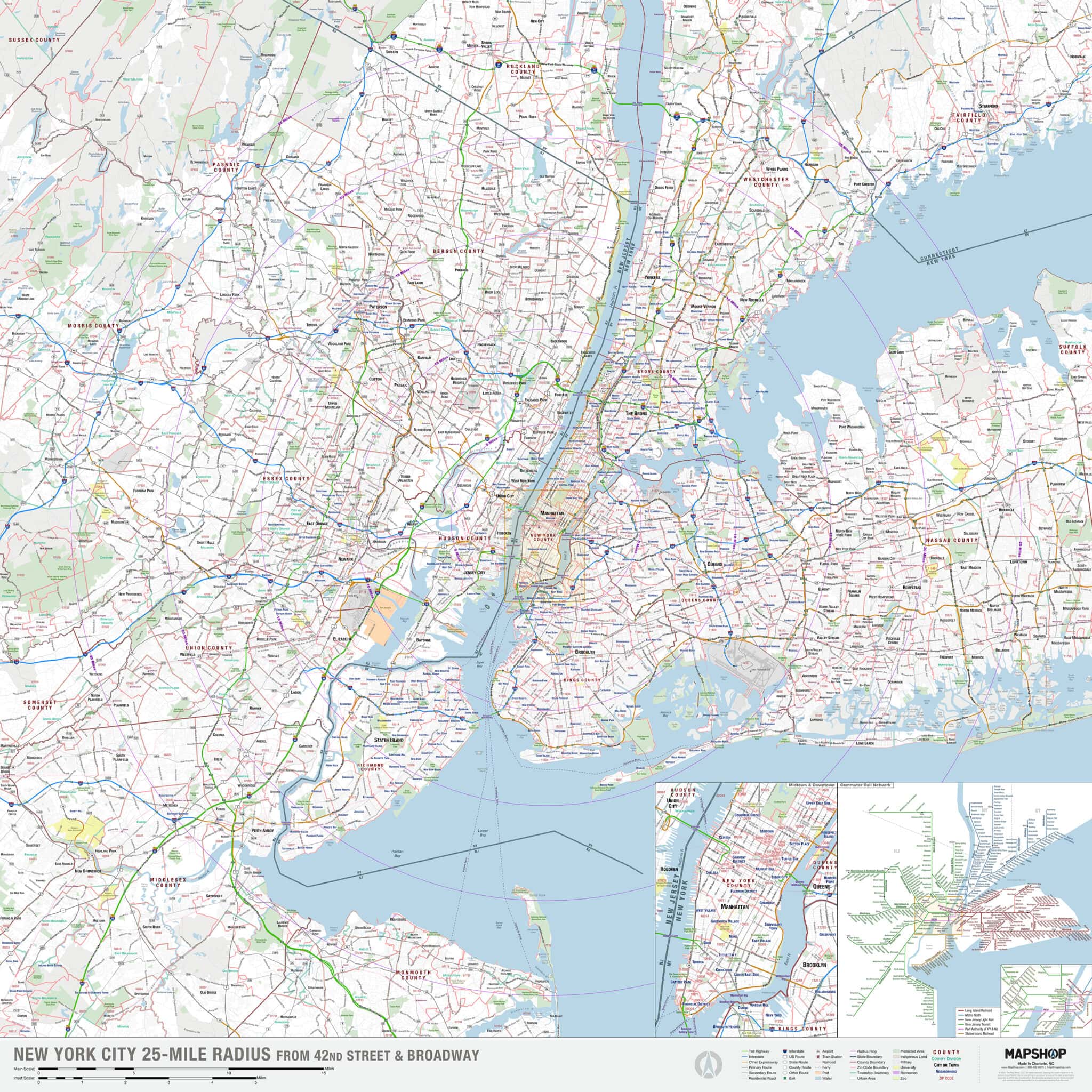 New York City, NY 25-Mile Radius Wall Map by MapShop - The Map Shop
