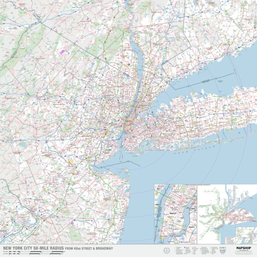 New York City, NY 50-Mile Radius Wall Map by MapShop