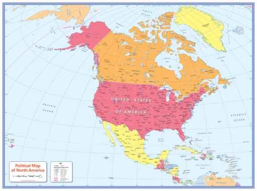 Color blind friendly Political Wall Map of North America by Cosmographics