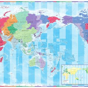 Pacific Centered Time Zone Wall Map of the World by Cosmographics