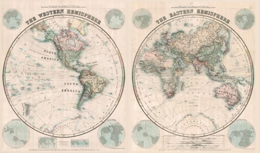Stanford's Eastern and Western Hemispheres Map (1877) - Resized to 2A0 height by Stanfords