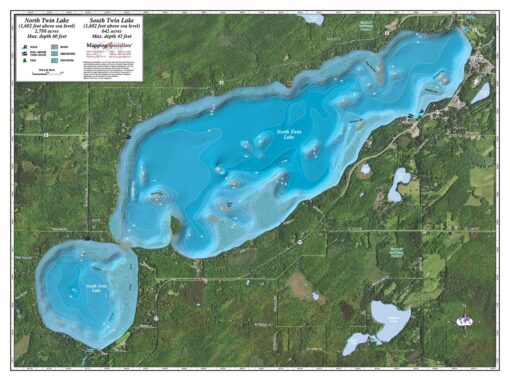 North Twin Lake and South Twin Lake topographic maps showing depth contours, surrounding forest areas, and access points for fishing, boating, and outdoor recreation in Minnesota.