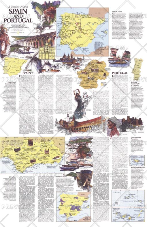 Travelers Map of Spain and Portugal Theme - Published 1984 by National Geographic