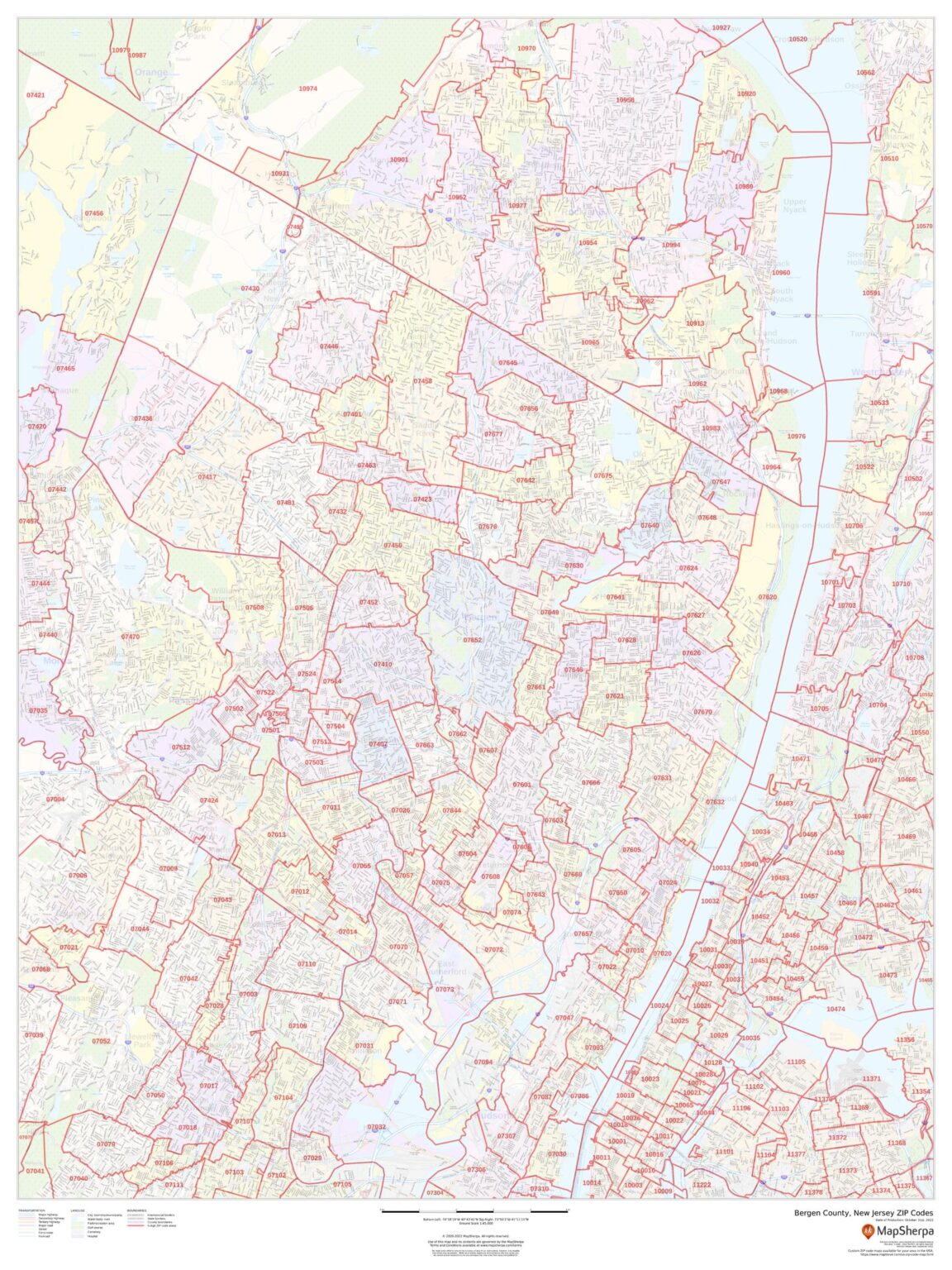 Bergen County, New Jersey ZIP Codes by MapSherpa - The Map Shop