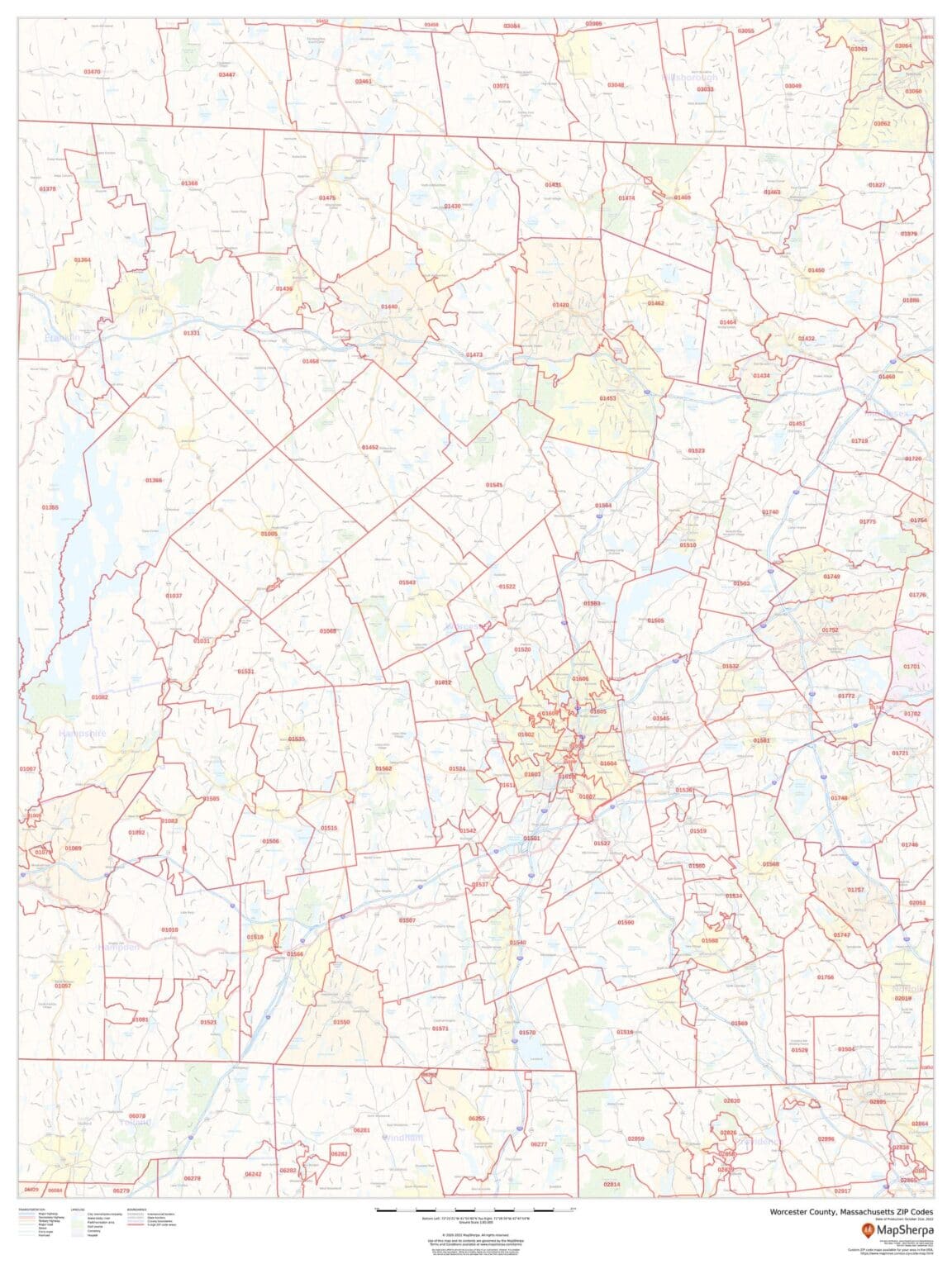 Worcester County, Massachusetts ZIP Codes by MapSherpa The Map Shop
