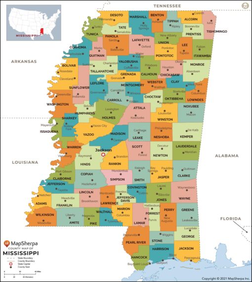 Mississippi Counties Map  by MapSherpa