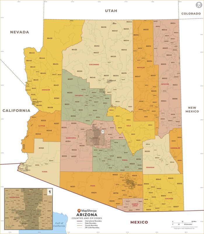 Arizona ZIP Code Map with Counties by MapSherpa The Map Shop
