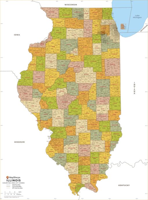 Illinois ZIP Code Map with Counties  by MapSherpa