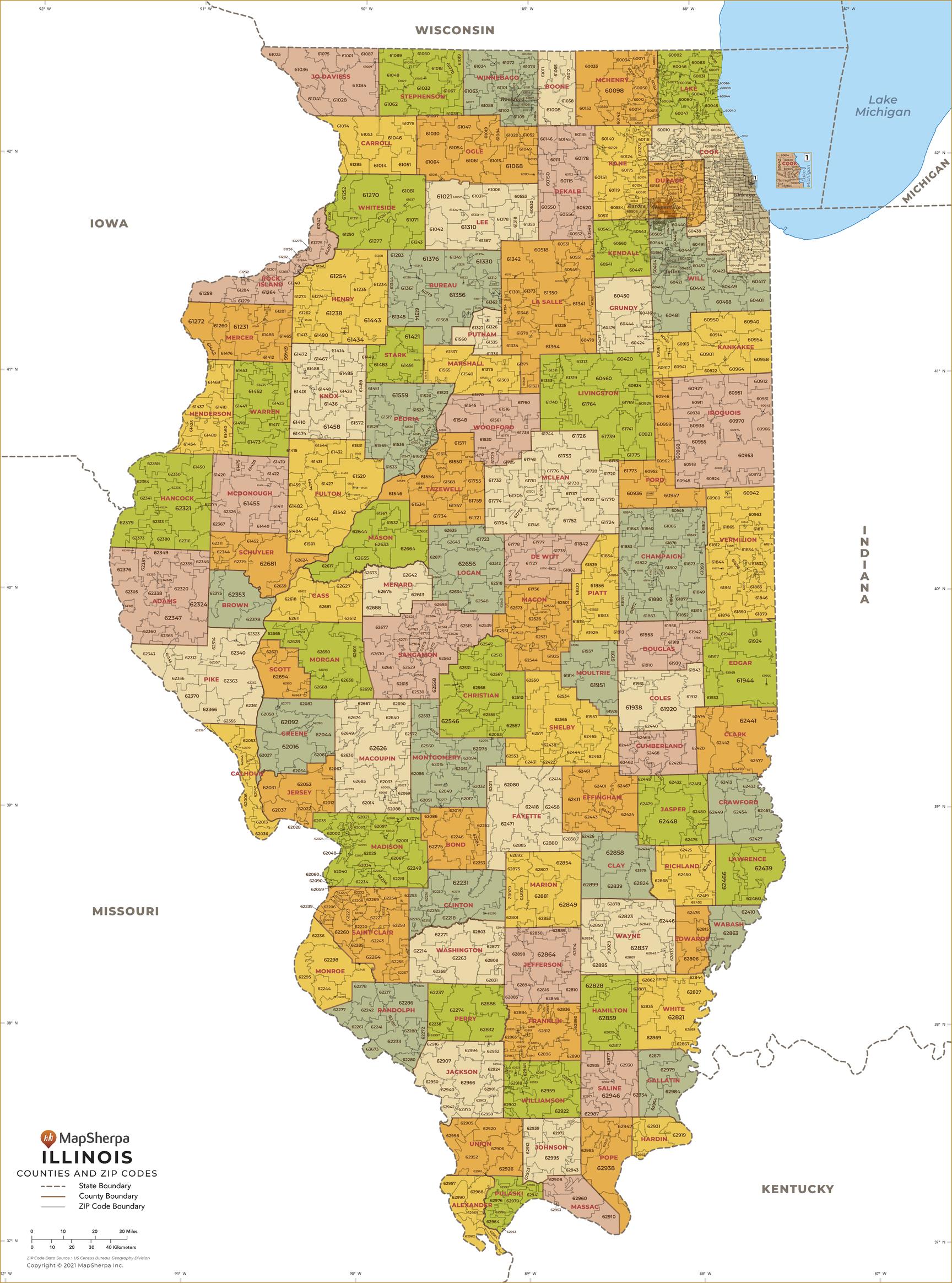 Illinois ZIP Code Map With Counties By MapSherpa The Map Shop