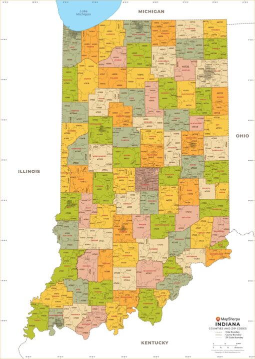 Indiana ZIP Code Map with Counties  by MapSherpa