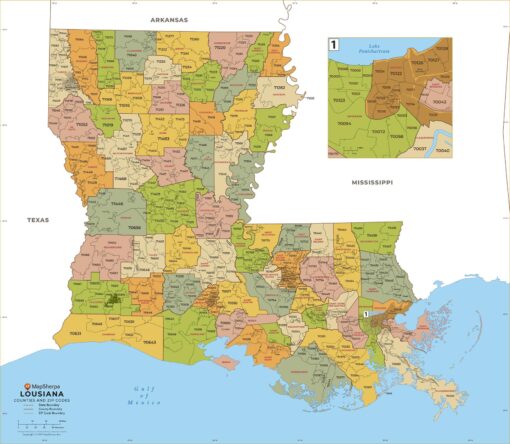 Louisiana ZIP Code Map with Counties  by MapSherpa