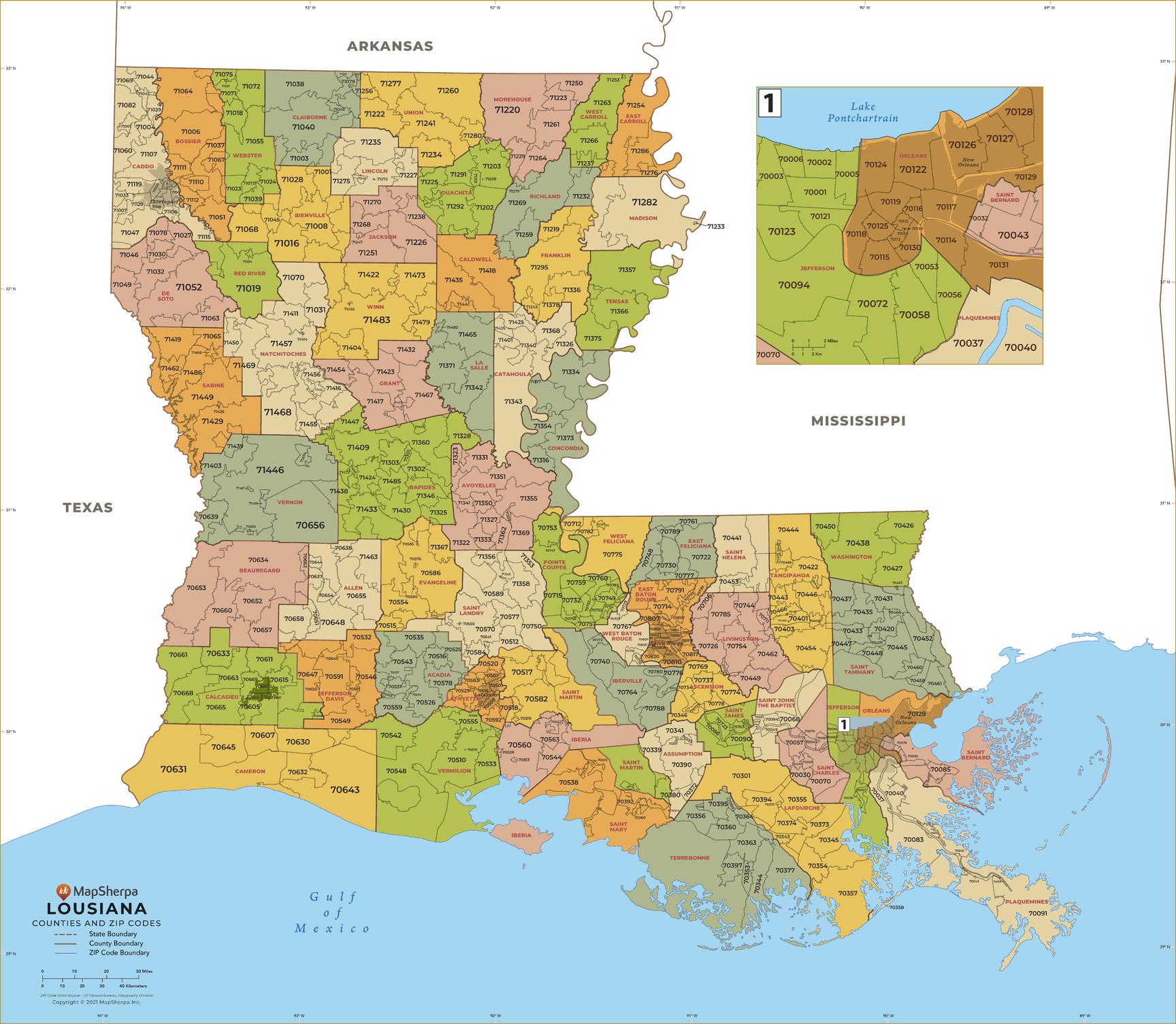 Louisiana ZIP Code Map with Counties by MapSherpa - The Map Shop