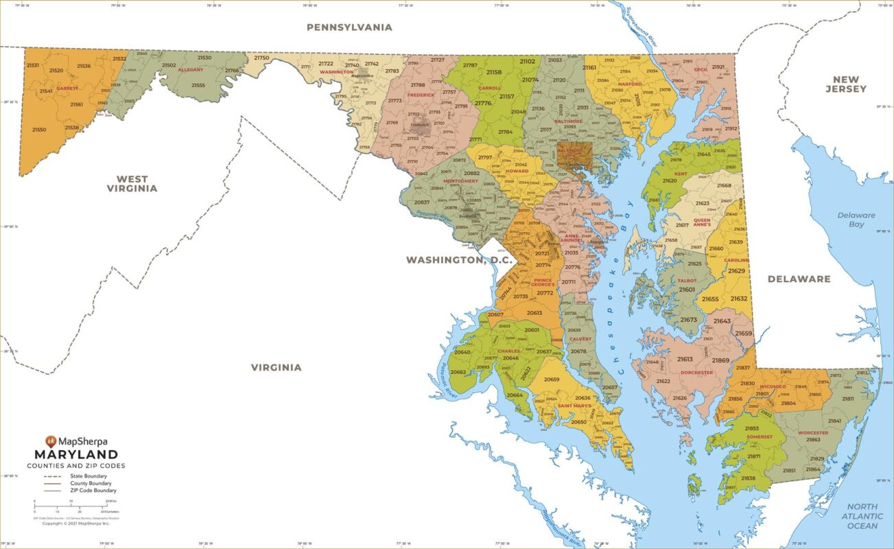 Maryland ZIP Code Map with Counties by MapSherpa The Map Shop