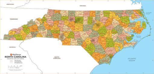 North Carolina ZIP Code Map with Counties  by MapSherpa