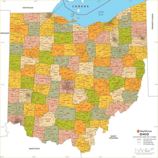Ohio ZIP Code Map with Counties  by MapSherpa