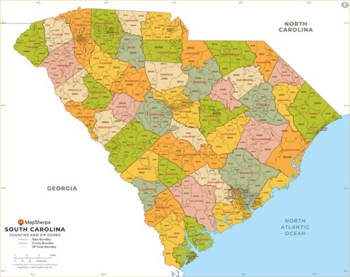 South Carolina ZIP Code Map with Counties  by MapSherpa
