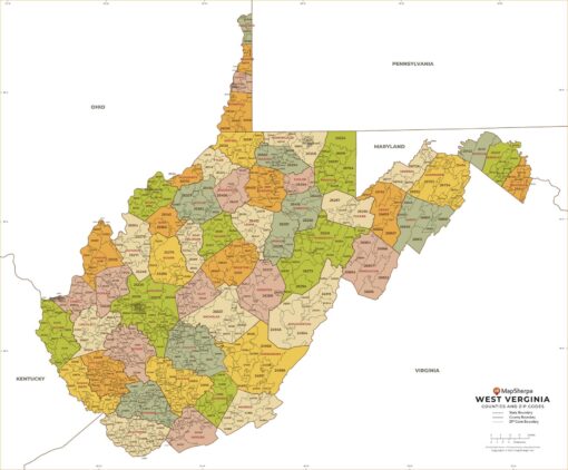 West Virginia ZIP Code Map with Counties  by MapSherpa
