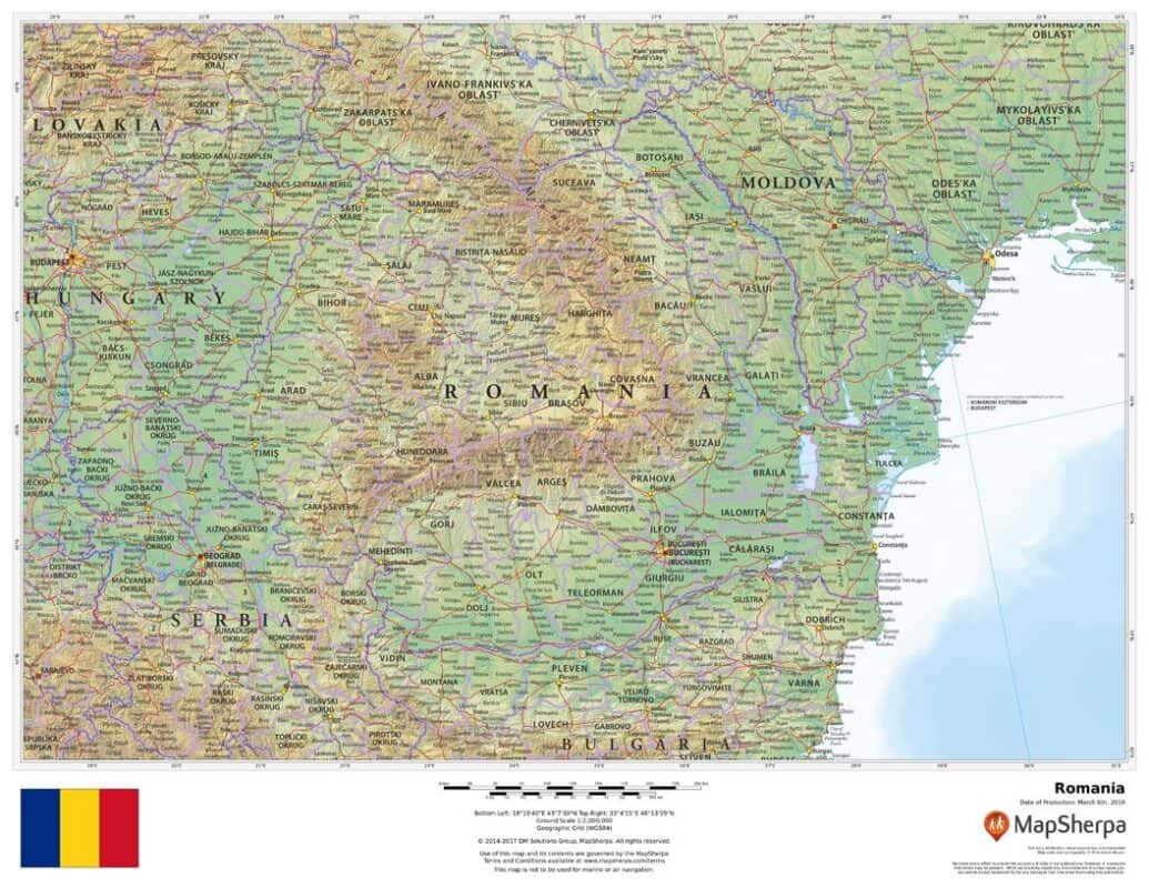 Wall Map 50 Inch X 32 Inch RMC - Rel Romania Large 1035x800 