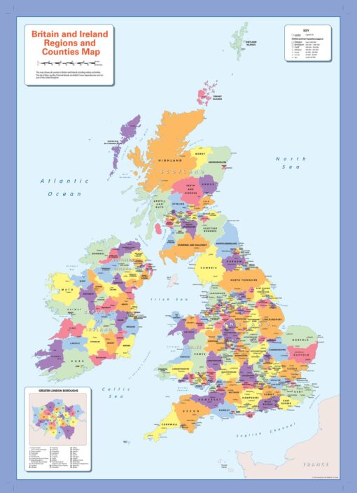 Color blind friendly Counties Wall Map of the British Isles by Cosmographics