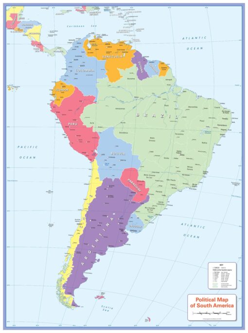 Color blind friendly Political Wall Map of South America by Cosmographics