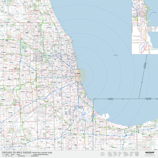Chicago, IL 25-Mile Radius Wall Map by MapShop