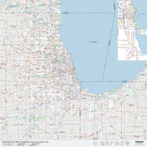 Chicago, IL 50-Mile Radius Wall Map by MapShop