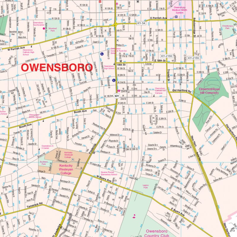 Owensboro, KY Wall Map by Kappa - The Map Shop