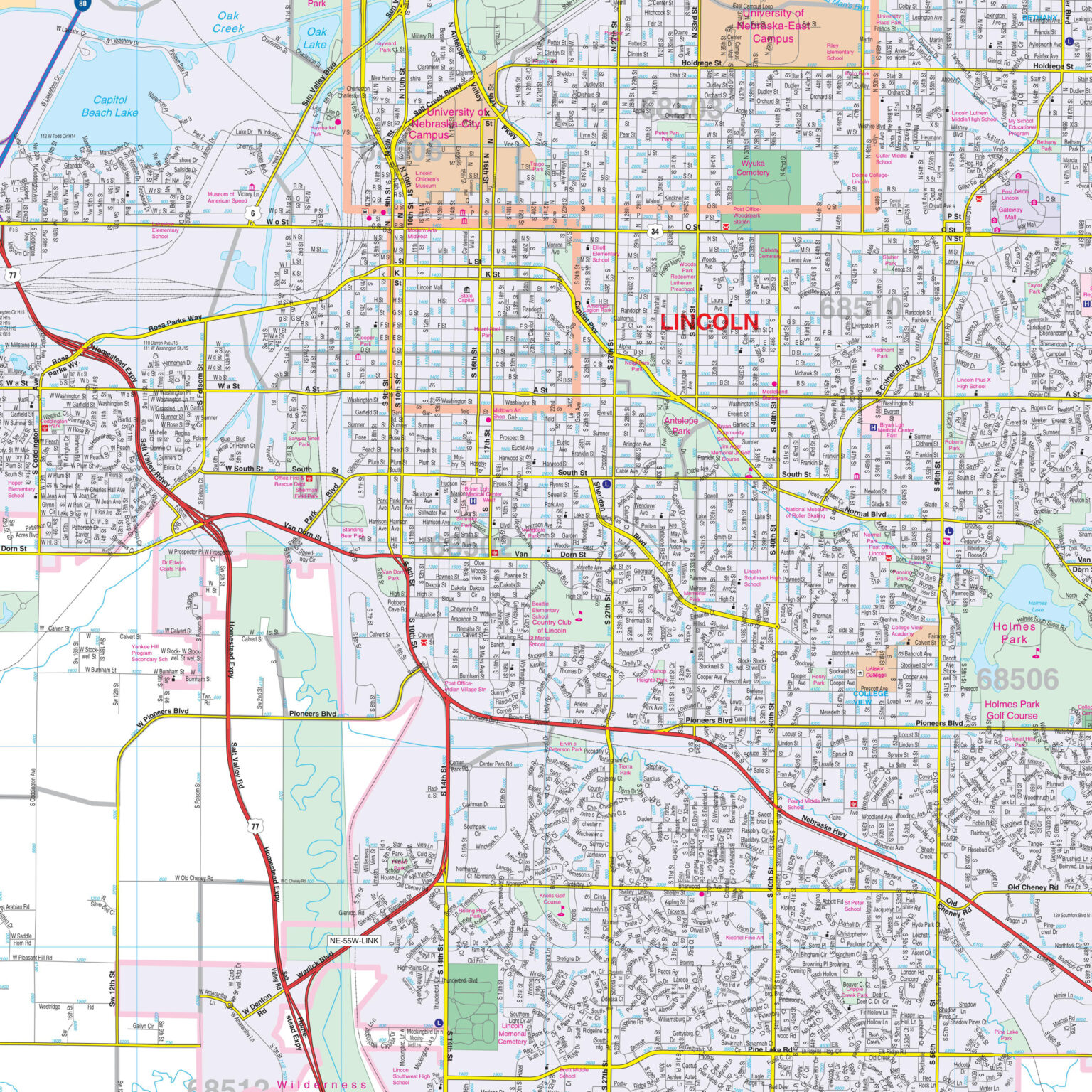 Lincoln, NE Wall Map by Kappa - The Map Shop