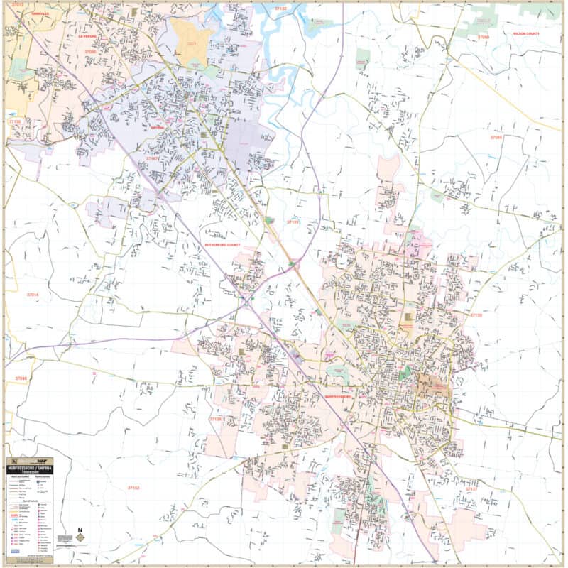Murfreesboro &amp; Smyrna, TN Wall Map by Kappa - The Map Shop
