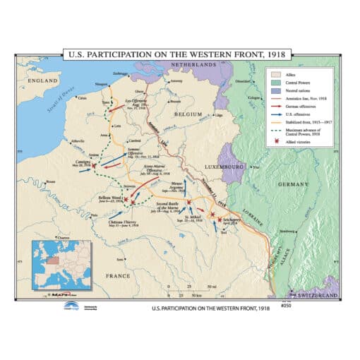 U.S. participation map on the Western Front during World War I, showing Allied, Central Powers, and neutral nations, with troop movements, battles, and strategic fronts, ideal for historical and military map enthusiasts.