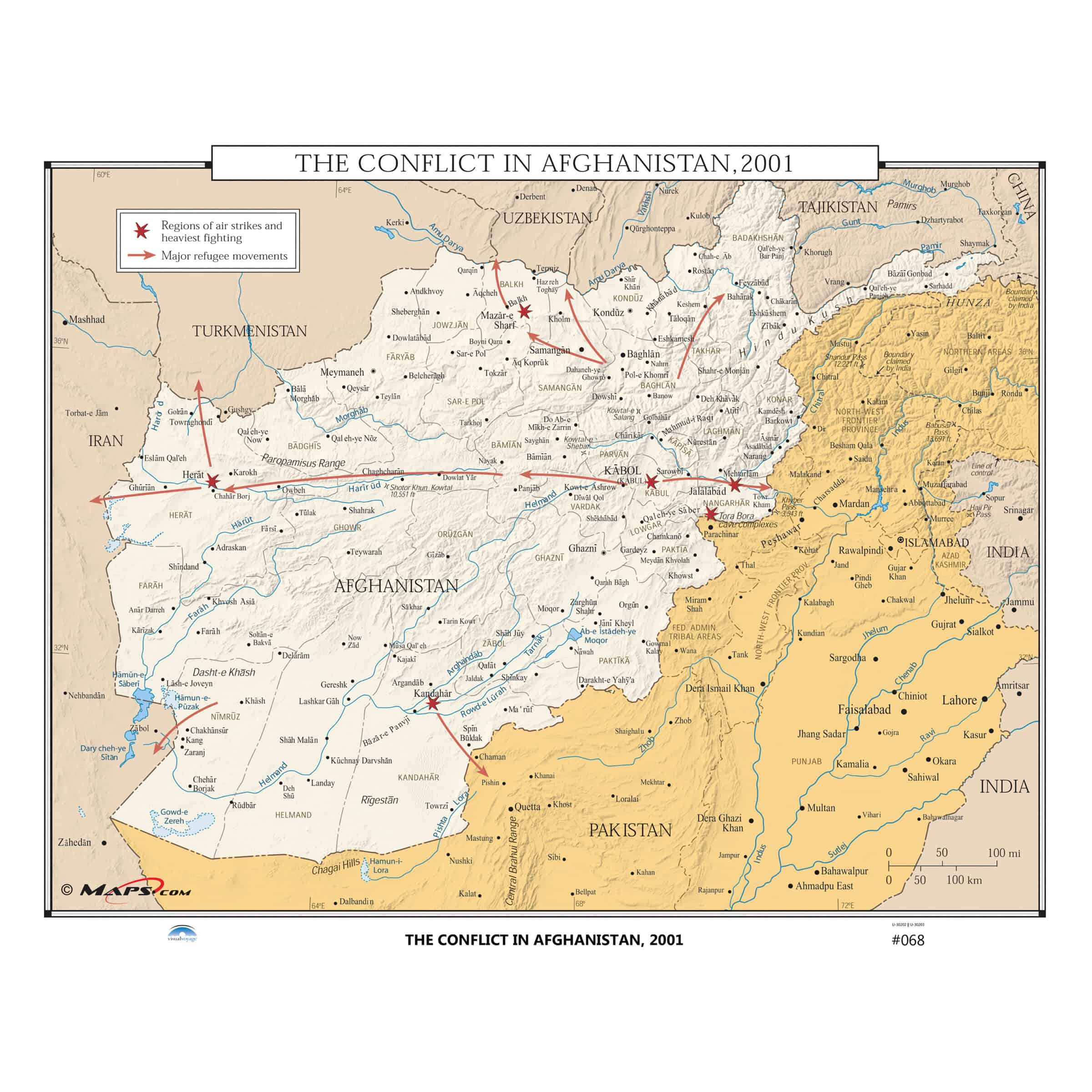Regions of Afghanistan map highlighting conflict zones, major refugee movements, and key locations related to the Afghanistan conflict, 2001, for educational and geopolitical analysis.