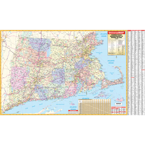Connecticut, Rhode Island & Massachusetts Regional Wall Map by Kappa