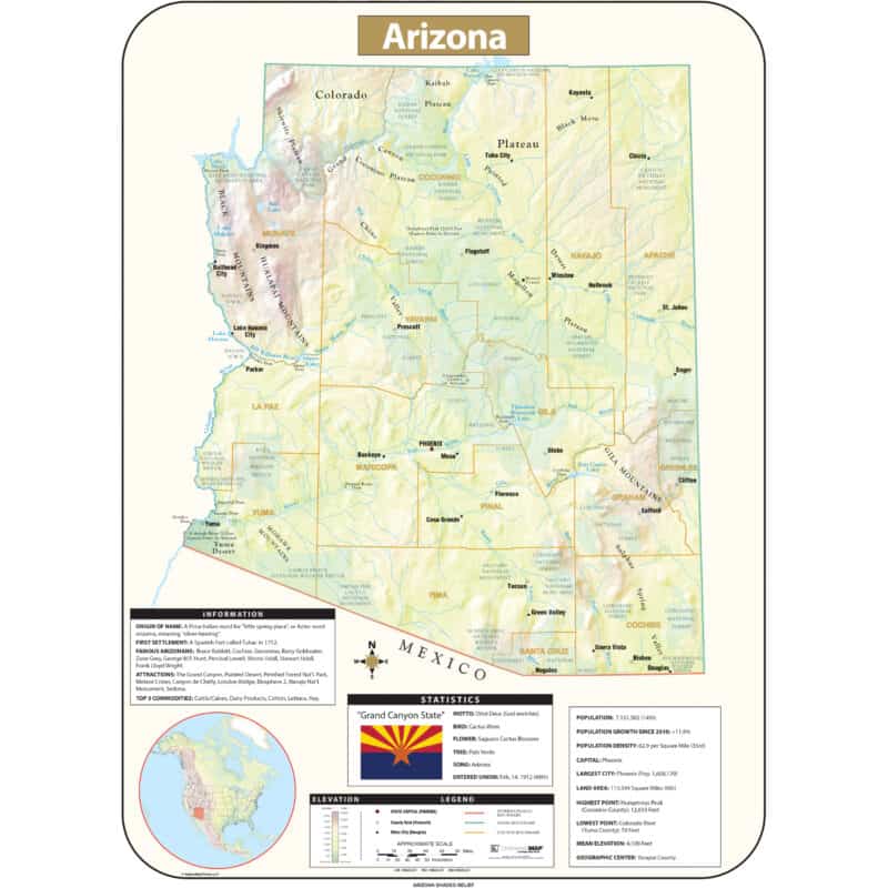 Arizona Shaded Relief State Wall Map by Kappa - The Map Shop