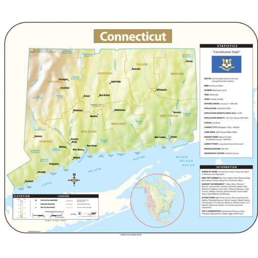 Connecticut Shaded Relief State Wall Map by Kappa