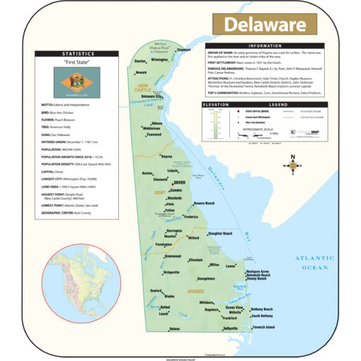 Delaware Shaded Relief State Wall Map by Kappa