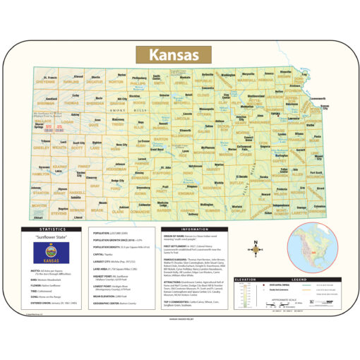 Kansas Shaded Relief State Wall Map by Kappa