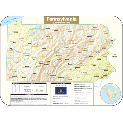 Pennsylvania Shaded Relief State Wall Map by Kappa