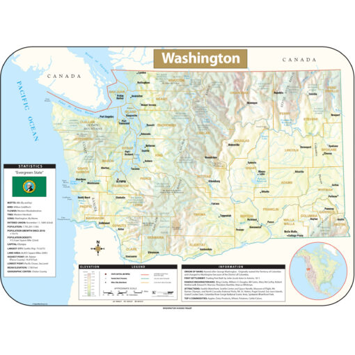 Washington Shaded Relief State Wall Map by Kappa