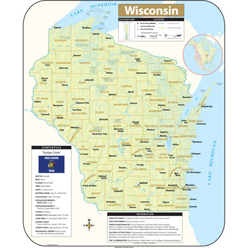 Wisconsin Shaded Relief State Wall Map by Kappa