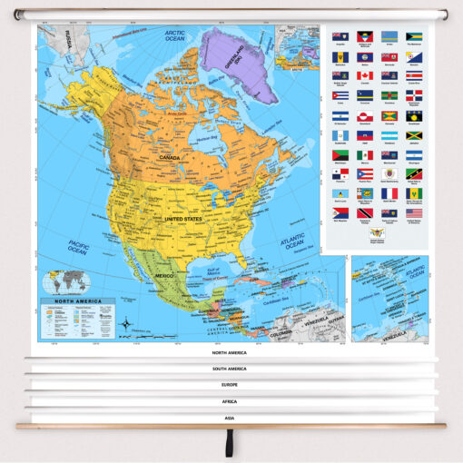 5 Continent Intermediate Classroom Pull Down Map Set w/ Backboard by BrightWay Educational