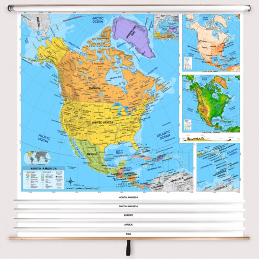 5 Continent Intermediate Classroom Pull Down Map Set w/ Backboard by BrightWay Educational - Image 2